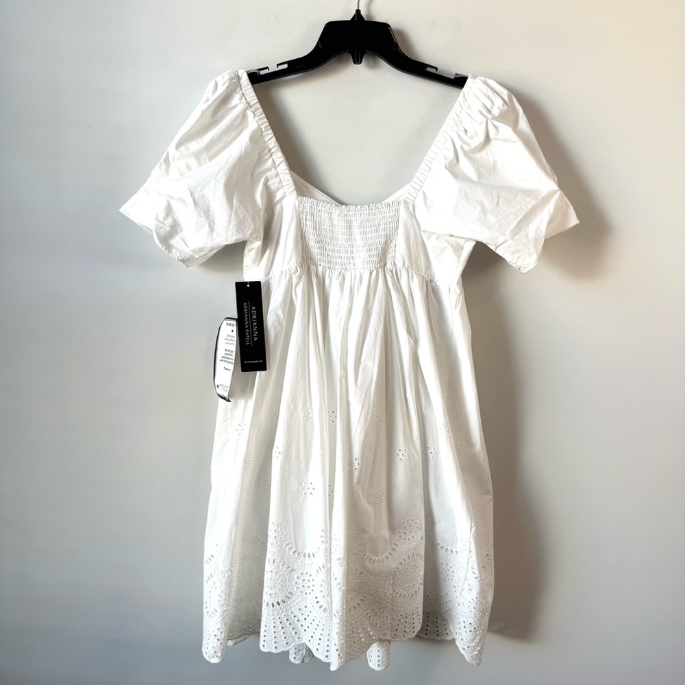 Adrianna Papell Eyelet Hem Puff Sleeve Fit And Flare Babydoll Dress Ivory 6 - Picture 7 of 10